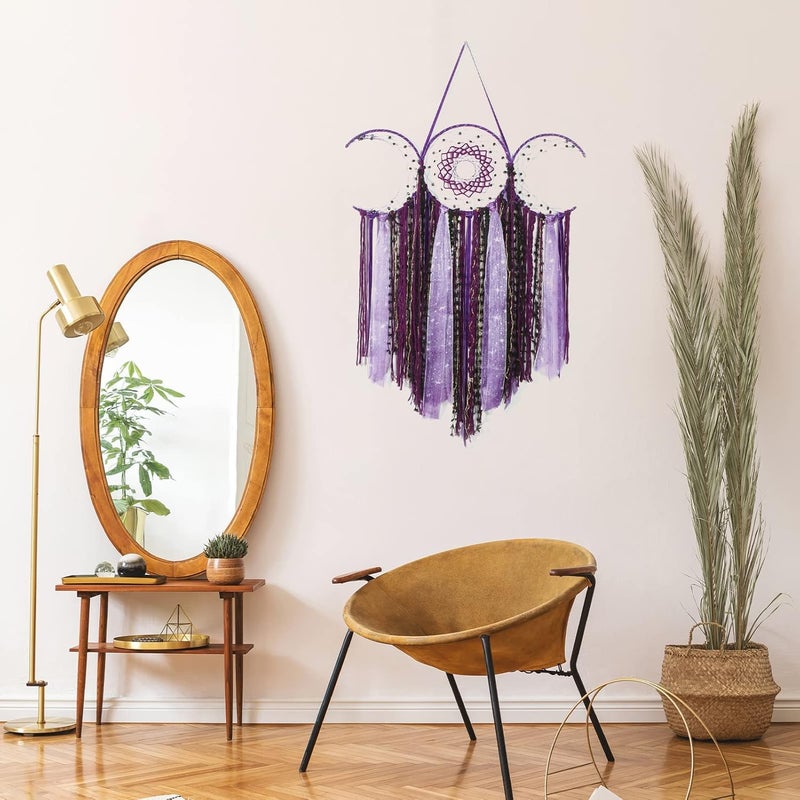ANROYE Purple Triple Moon Goddess Macrame Wall Hanging, Boho Wiccan Crescent Dream Catcher, Bohemian Dreamcatcher for Women,Woven Pagan Tapestry Decor for Bedroom Witch Decoration - Image 4